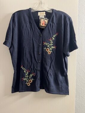 Jaclyn Smith Navy Short-Sleeve Knit Cardigan with Embroidery